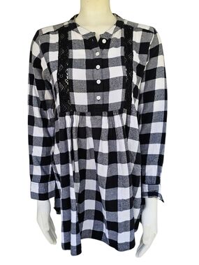 Wrangler Buffalo Plaid Flannel Dress M Black White Lace Tunic Shirt Boho